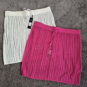 Fashion Nova Hot Pink & White Open-Knit Swim Coverup Skirts